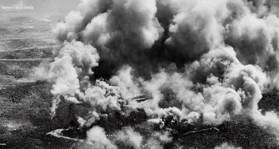 Prompt: ww1 trench battle, shots fired, clouds of smoke, aerial view, high res, 120 black and white film