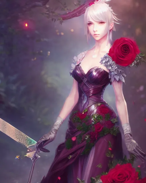 Prompt: an elegant lady surrounded by holographic swords in a garden full of roses, final fantasy, cushart krenz, cushart krenz, goddess, unreal engine, very detailed, realistic face, detailed face, matte, tonemapping, perfection, 4 k