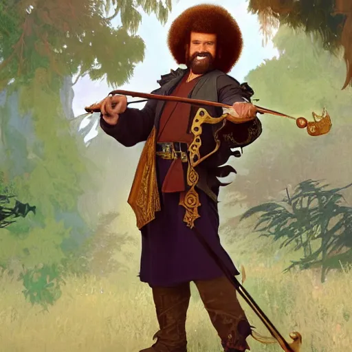 Image similar to an ultra detailed vector image of bob ross dressed as a fantasy bard, d & d, epic fantasy, concept art by alphonse mucha and greg rutkowski, octane render, 8 k, detailed face