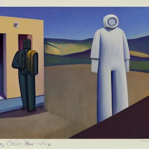 Image similar to robot bishop guards, human prisoners, brutalist supermax prison facility, end times, grant wood, pj crook, edward hopper, oil on canvas