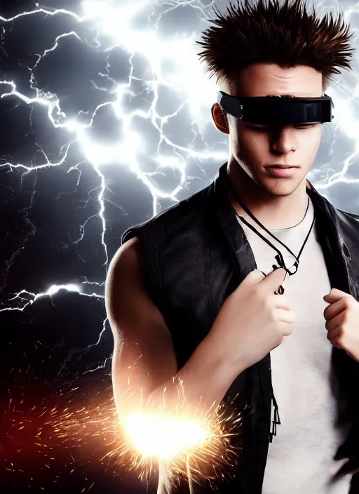 Image similar to photorealistic young man with red spiked long hair, using googles. Wearing black waistcoat, white shirt. rockstar. dynamic lightning. rpg portrait