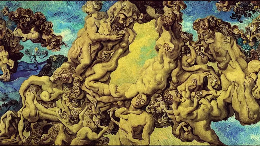 Image similar to divine moment , 4K, Rococo & Precisionism, colorized, by collaboration of Salvador Dali, Van Gogh and M. C. Escher