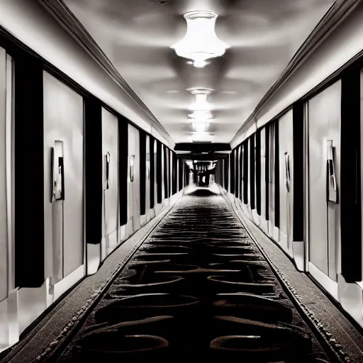 Image similar to dark black flames engulf a hotel hallway, dramatic lighting, long shot, highly realistic.