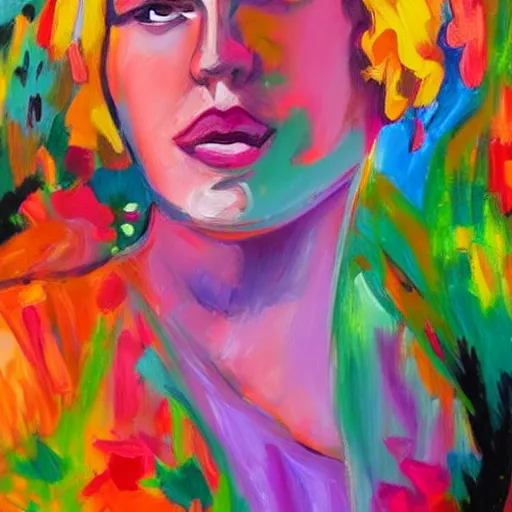 Image similar to oil painting of lilies and woman portrait in colorful abstract style