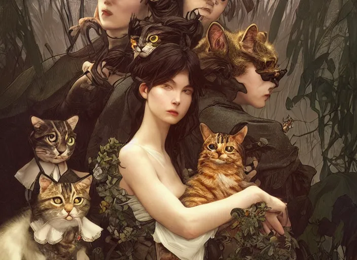 Image similar to a dramatic highly detailed render of cat family , wonderland , by WLOP and Artgerm and Greg Rutkowski and Alphonse Mucha, Beautiful dynamic dramatic dark moody lighting, shadows, cinematic atmosphere, Artstation, Octane render, 8K, masterpiece, sharp focus, hyperrealistic, photograph