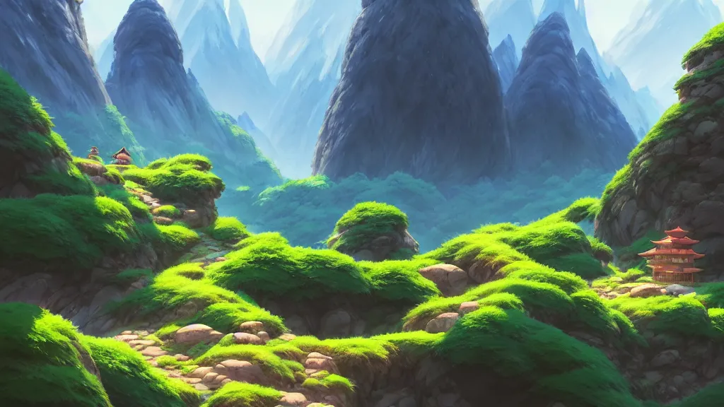 Image similar to mountainside landscape, studio ghibli, pixar and disney animation, sharp, rendered in unreal engine 5, highly detailed, digital painting, artstation, concept art, smooth, sharp focus, illustration, wide angle, artbook, wallpaper, splash art, promo art, dramatic lighting, art by artgerm and greg rutkowski and bo chen and jin xiaodi