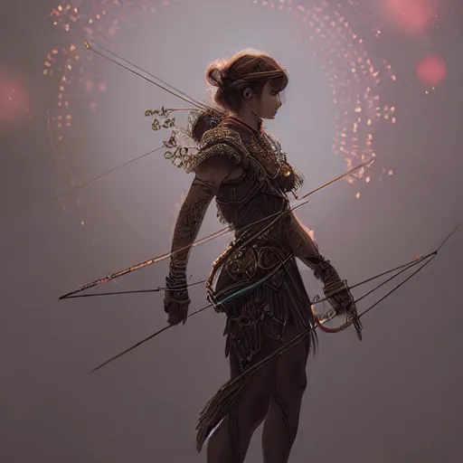 Image similar to beautiful extremely detailed intricate concept art depicting an archer by wlop. shining jewelry. grey atmosphere. particles in the background.