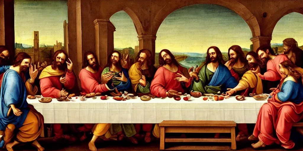 Image similar to Renaissance painting of jesus and the last supper and everyone is smiling and taking selfies