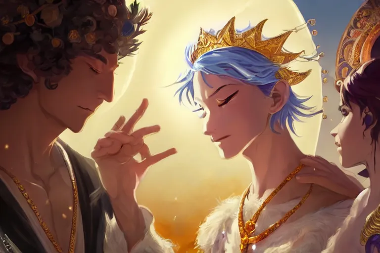 Prompt: close up moment of a divine a sun god and a moon goddess lovers magician at a wedding banquet, highly detailed, d & d, fantasy, 4 k realistic, digital painting, trending on artstation, concept art, sharp focus, illustration, art by makoto shinkai and akihiko yoshida and daniel gerhartz