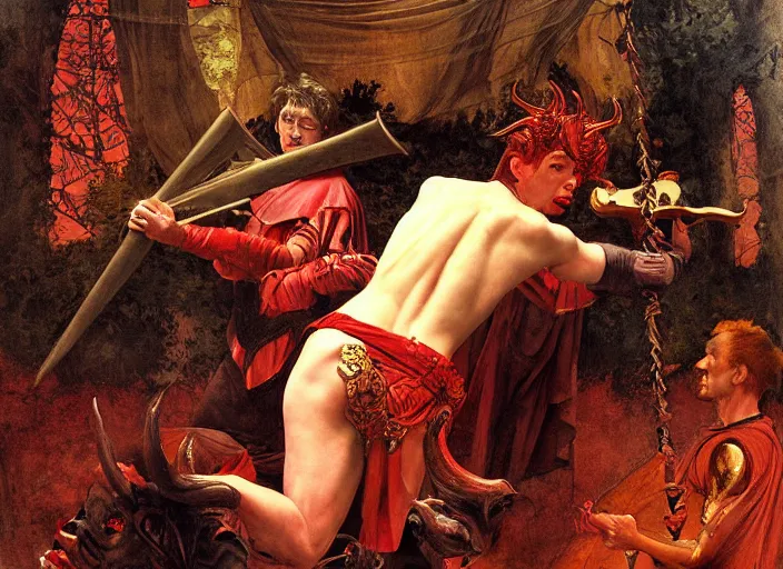 Image similar to a devil with red skin and horns. the red devil is bard playing lute. edgar maxence and caravaggio and michael whelan and delacroix style, artistic, intricate painting, cinematic lighting, hyper realistic, extremely detailed, vivid colors, establishing shot, dramatic lighting