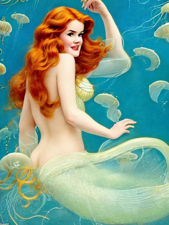 Image similar to isla fisher as the little mermaid long hair covers chest, a beautiful art nouveau portrait by Gil elvgren, beneath the ocean waves glowing jellyfish environment, centered composition, defined features, golden ratio, intricate seashell jewelry that glows