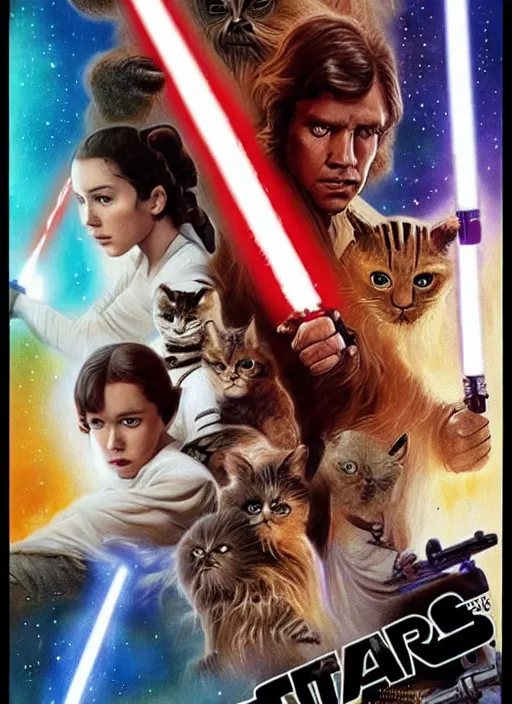 Image similar to star wars movie poster but with cats