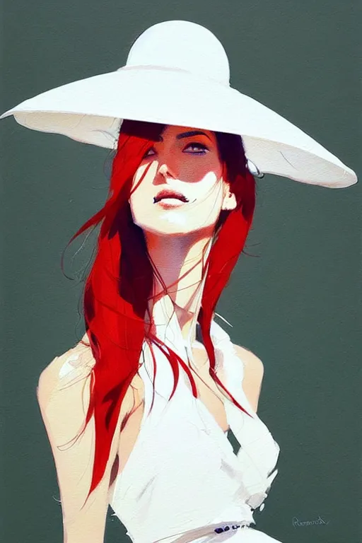 Image similar to a ultradetailed beautiful painting of a stylish woman wearing a white dress with a sun hat, by conrad roset, greg rutkowski and makoto shinkai trending on artstation