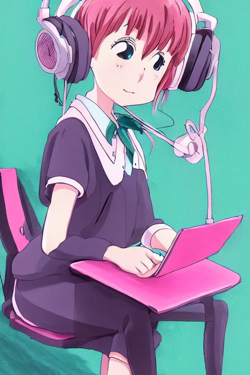 Image similar to high definition anime portrait of a pink haired anime schoolgirl sitting at a desk studying with headphones on, lo-fi art, by Studio Ghibli, trending on artstation, sharp high quality anime, digital art, photoshop, proportionate