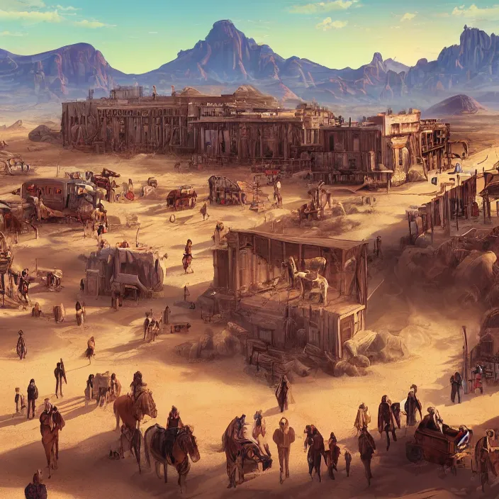 Image similar to old western style city bustling with people in the middle of a sandy flat desert with a single mountain on the very distant horizon. magic the gathering art, digital media