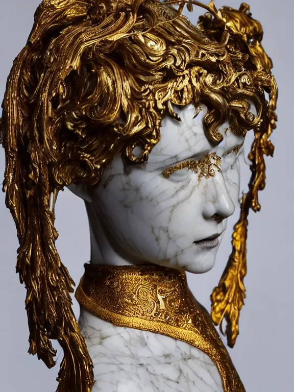 Image similar to a backlit art nouveau marble head and torso sculpture of a worried young millie bobby brown with long, flowing hair, wearing intricate gold plate armor on her chest and an elaborate golden helmet, delicate, intricate, smooth, beautiful, glowing, by charles van der stappen