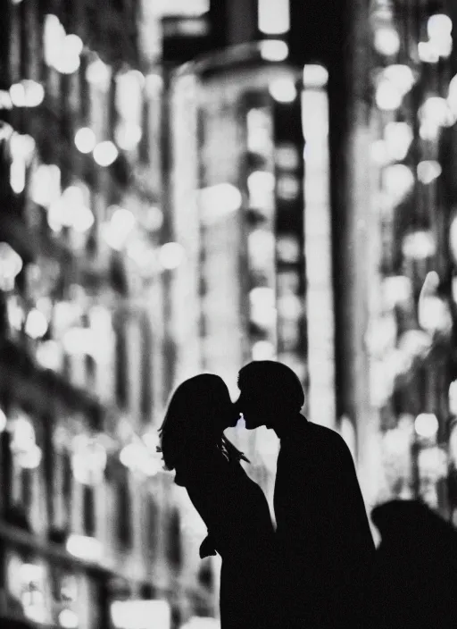 Image similar to a 2 8 mm macro photo of a couple kissing in the city in silhouette in the 1 9 7 0 s, bokeh, canon 5 0 mm, cinematic lighting, dramatic, film, photography, golden hour, depth of field, award - winning, 3 5 mm film grain, low angle