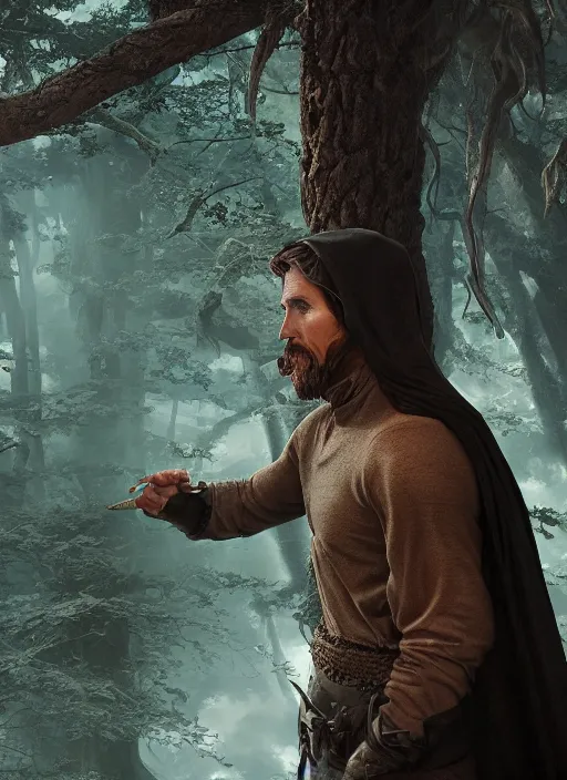 Prompt: A fantasy comic book style portrait painting of Christian Bale as a mage in a stunning forest landscape, unreal 5, DAZ, hyperrealistic, octane render, RPG portrait, dynamic lighting