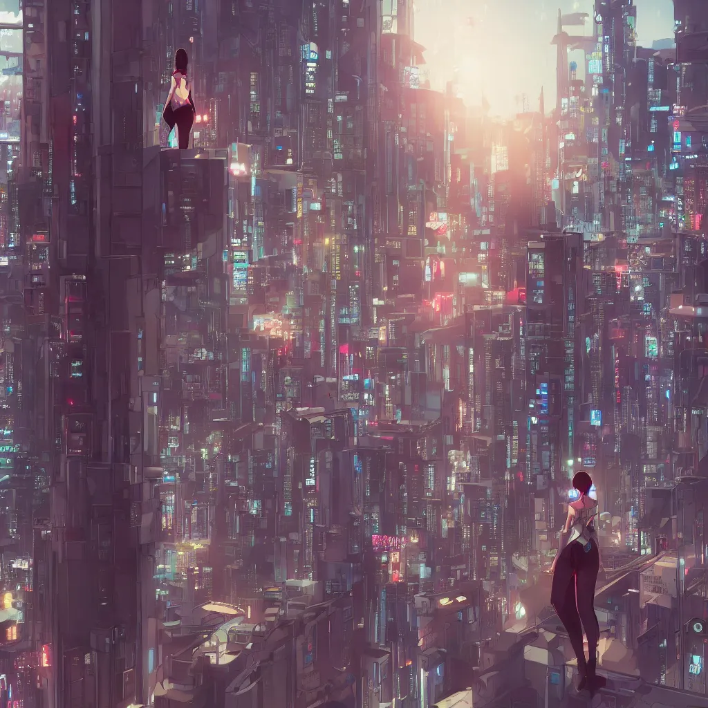 Image similar to a girl stands on top of a multi-storey building, anime style, 4k, cyberpunk city in the background, very detailed, by Ilya Kuvshinov