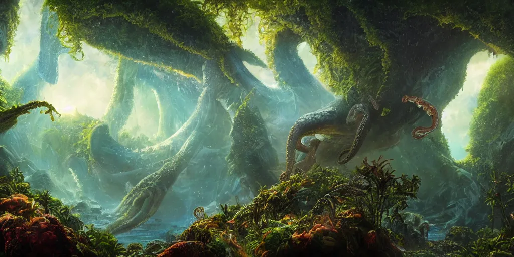 Image similar to fantasy oil painting, great leviathan, turtle cephalopod terrapin reptilian pachyderm amphibian hybrid, epic natural light, lush plants flowers, rainforest mountains, bright clouds, luminous sky, outer worlds, cinematic lighting, michael whelan, michael cheval, vray, 8 k hd