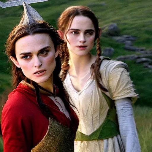 Image similar to Keira Knightley and Emma Watson as elves in lord of the Rings