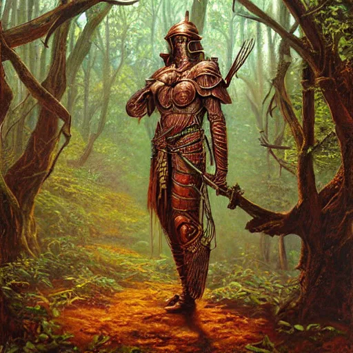 Prompt: a detailed, beautiful oil painting of a warrior wearing intricate, etched copper armor in an ancient forest, by michael whelan