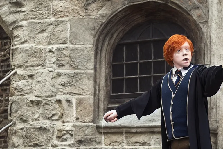 Image similar to film still of Ron Weasley wearing hogwarts uniform in Harry Potter movie