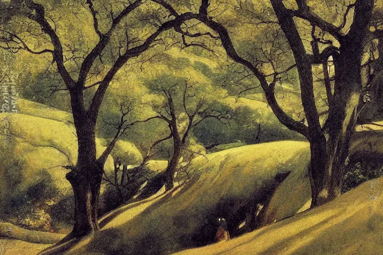 Prompt: masterpiece painting of oak trees on a hillside overlooking a creek, dramatic lighting, by jessie willcox smith