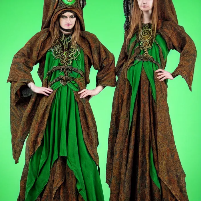 Image similar to full length photo of a very beautiful!! elemental earth witch with ornate green and brown robes, highly detailed, 4 k, hdr, smooth, sharp focus, high resolution, award - winning photo