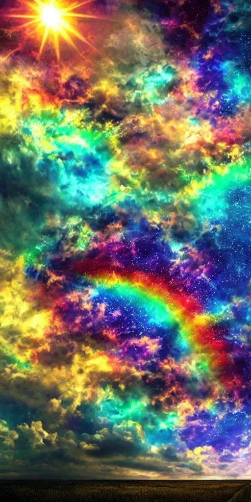 Image similar to hyper realistic photo of beautiful dreamy sky full of a billion rainbow stars, yoda, hyper realistic, fractal art, art station, coherent design, symmetrical, vivid colour, complementary colour, golden ratio, detailed, sharp lines, intricate, rainbow shift, in unreal 3 d engine, ray tracing, octane render