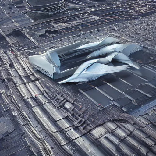 Image similar to Kazimierz Malewicz sci-fi motherboard airport view from above structure and digital billboard point cloud in the middle, unreal engine 5, keyshot, octane, artstation trending, ultra high detail, ultra realistic, cinematic, 8k, 16k, in style of zaha hadid, in style of nanospace, colors in style of blade runner 2049, in plastic, dark, tilt shift,