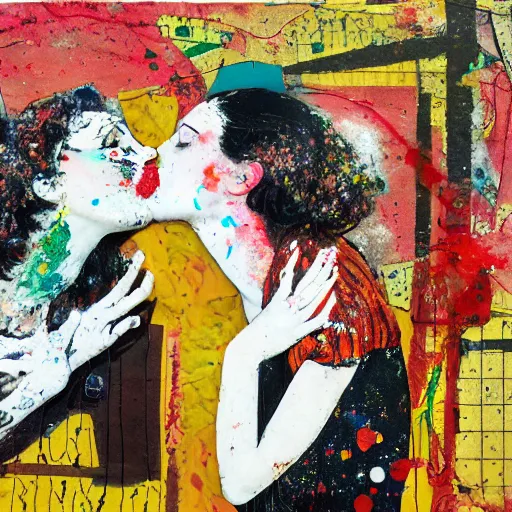 Prompt: two women kissing at a carnival, mixed media collage, retro, paper collage, magazine collage, acrylic paint splatters, bauhaus, layered paper art, sapphic visual poetry expressing the utmost of desires by jackson pollock