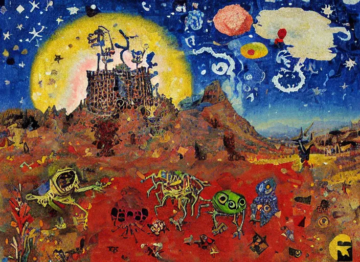 Image similar to pixel decollage painting tarot lovers card composition tower of babel road red armor maggot bear and wonky alien frog skeleton knight on a horse in a dark red cloudy night sky with golden foil jewish stars and diamonds, mountain lake and blossoming field in background, painted by Mark Rothko, Helen Frankenthaler, Danny Fox and Hilma af Klint, pixelated, neo expressionism, semi naive, pastel colors, cinematic, color field painting, cave painting, voxel, pop art look, outsider art, minimalistic. Bill Traylor painting, part by Philip Guston, Amano and Francis Bacon. art by Adrian Ghenie, very coherent symmetrical artwork, cinematic, hyper realism, high detail, octane render, unreal engine, Smooth gradients, depth of field, full body character drawing, extremely detailed, 8k, extreme detail, intricate detail, masterpiece