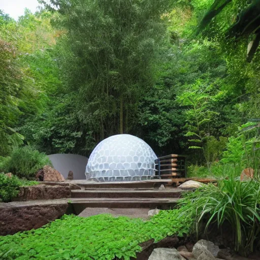 Image similar to geodesic dome with gardens and waterfall