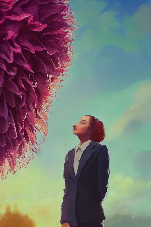 Image similar to closeup giant dahlia flower head, frontal, girl in a suit, standing in street, surreal photography, sunrise, dramatic light, impressionist painting, digital painting, artstation, simon stalenhag