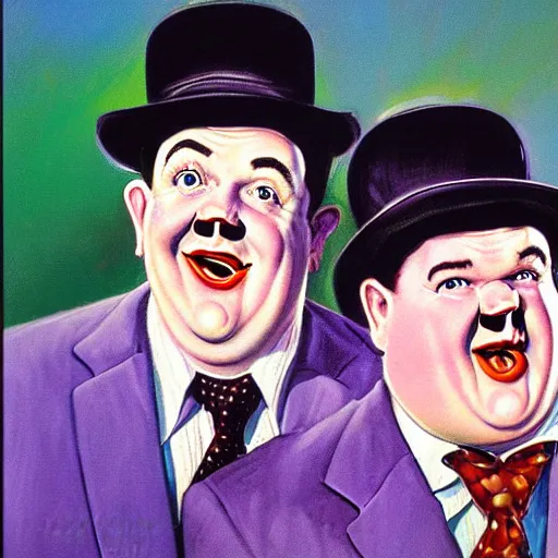 Image similar to A portrait of Stan Laurel and Oliver Hardy in hats by Frank Kelly Freas