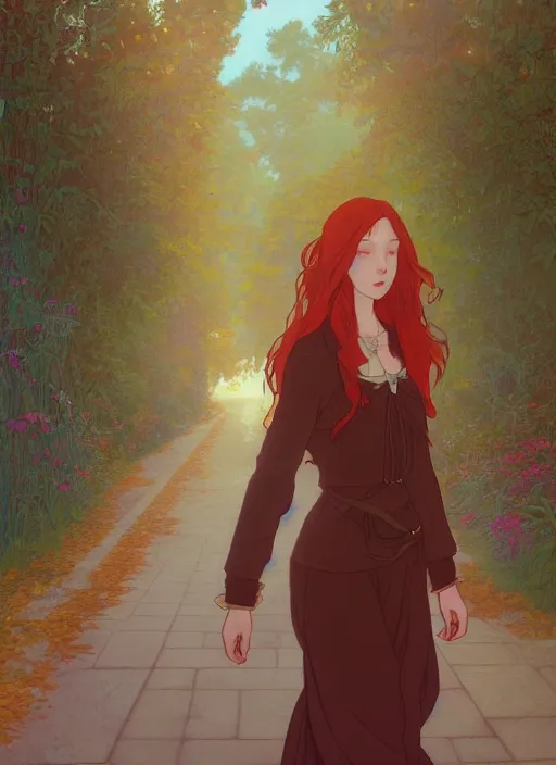 Prompt: pretty young woman with long red hair walking at night, path traced, highly detailed, high quality, digital painting, by studio ghibli and alphonse mucha, leesha hannigan, makoto shinkai, disney