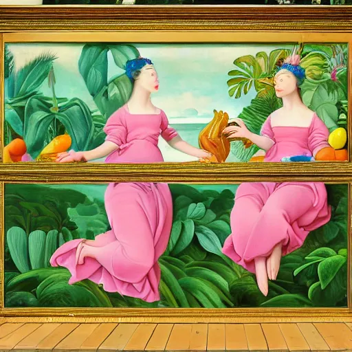 Image similar to a highly detailed oil painting of 2 pink dolphin queens ruling a cheese kingdom surrounded by exotic fruits and plants, surreal, 4 k, trending on art station, in the style of dali, boch, matisse caravaggio, comical