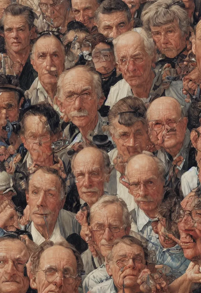 Image similar to small group of people, men and women, close - up of the faces, anatomically and proportionally correct : : oil painting by james jean, norman rockwell, milo manara and james gurney, intricate and detailed, photorealism, cgsociety