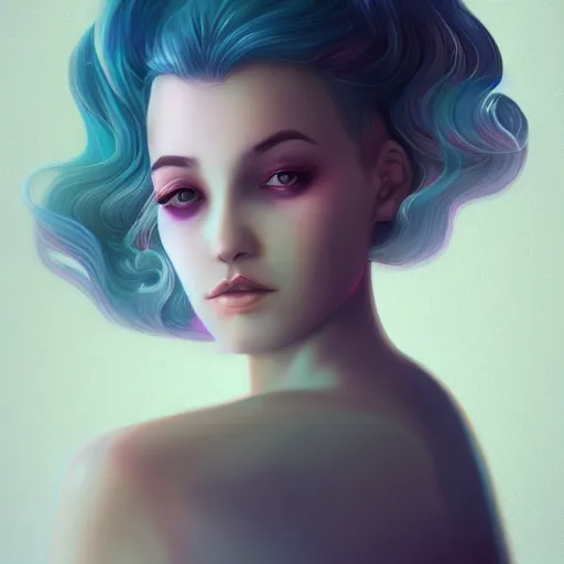 Image similar to portrait of a woman inspired by lois van baarle, charlie bowater, anna dittmann, illustration, iridescent, iridescent hair, face, hair styles, light makeup, glitter, self confidence, cinematic 8 k