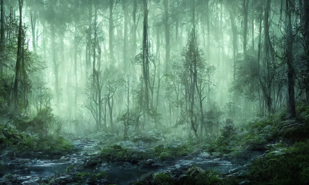 Prompt: stunning river in the forest with neogothic forest on either sides, cyberpunk evening color scheme, hyperdetailed twigs and plants, moonlit nightscape, bioluminiscent fireflies, layered fog, moody lighting, photorealistic digital arts, artstation HD, 8K