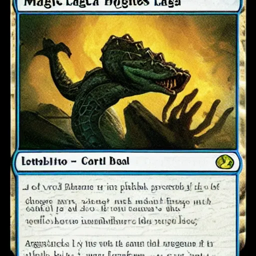 Image similar to a magic the gathering card of a crocodile eating lasagna