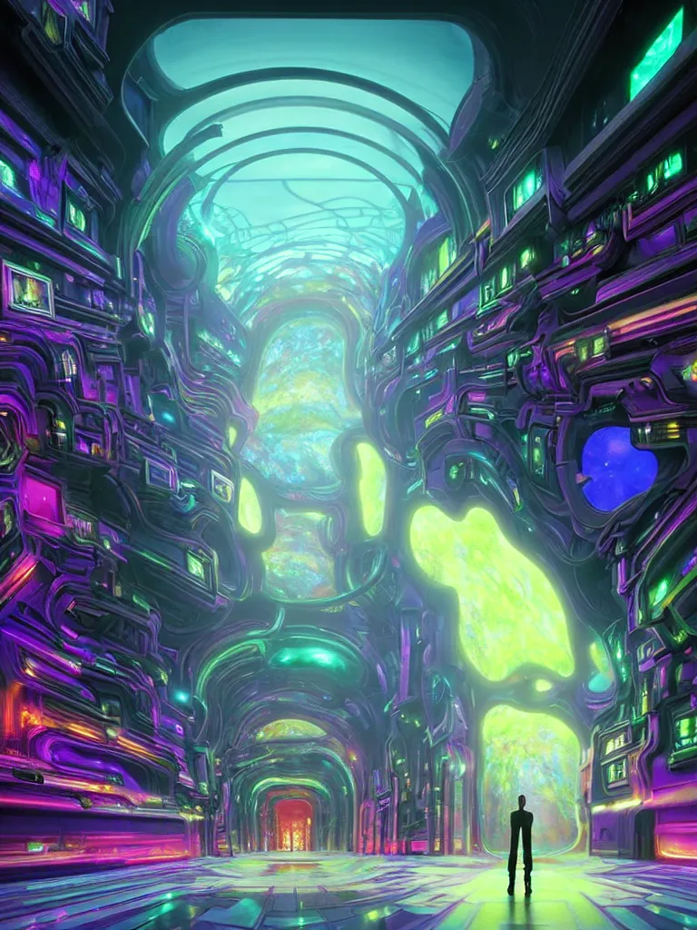 Image similar to entrance to matrix ethereal realm, ai sentient, rendered in unreal engine, central composition, symmetrical composition, dreamy colorful cyberpunk colors, 6 point perspective, fantasy landscape with anthropomorphic terrain in the styles of igor morski, jim warren and rob gonsalves, intricate, hyperrealistic, volumetric lighting, neon ambiance, distinct horizon