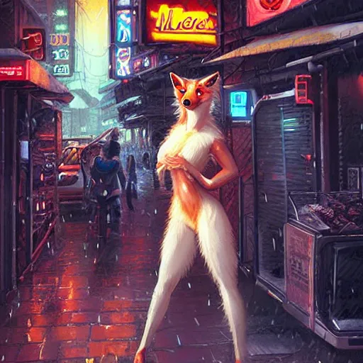 Image similar to furry anthropomorphic female vulpes vulpes fulva with white fur eating noodles by a noodle kiosk in the crowded street of a city, cyberpunk, rain, harsh neon lights, highly detailed, digital painting, trending on artstation, concept art, sharp focus, illustration, art by artgerm and greg rutkowski and magali villeneuve