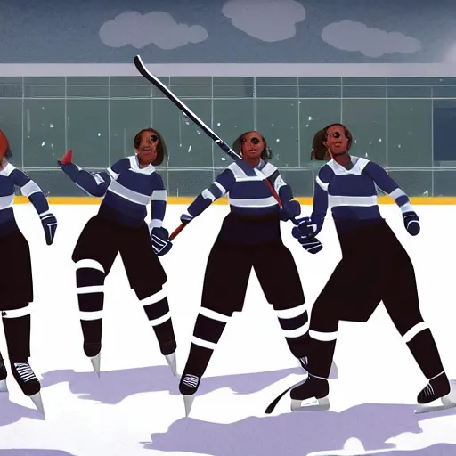 Image similar to a squad of Beyoncé clones playing hockey, photorealistic