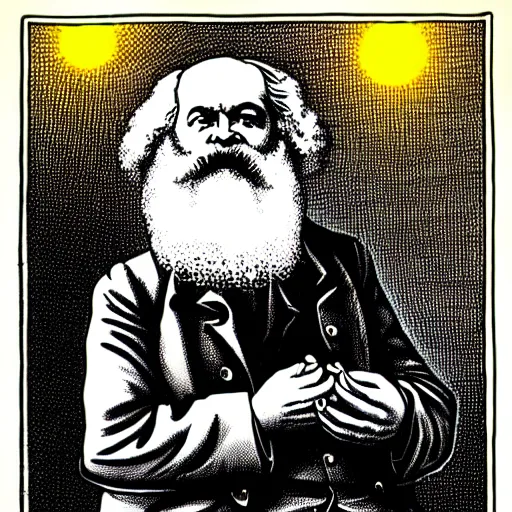 Prompt: Karl Marx pondering his orb, solar punk