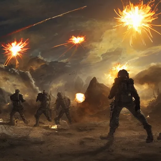 Image similar to science - fiction futuristic apocalyptic war scene with explosions, soldiers shooting