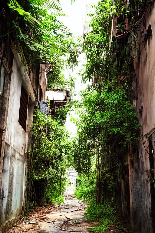 Image similar to abandoned sri lankan city street alley, overgrown greenery, photograph