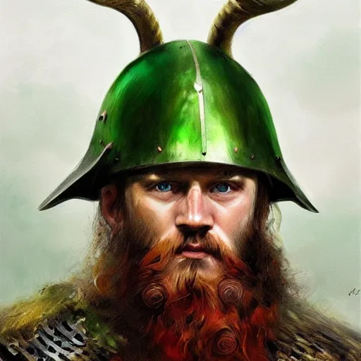 Image similar to photorealistic painting of Viking captain, helmet with horns, red long beard, long dark blonde curly hairs, green eyes Viking armor, background rough sea, elegant, painting, style of ruan jia, trending on artwork station, digital painting, sharp focus