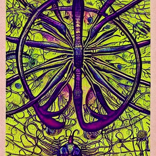 Prompt: a glass spider, colored woodcut, poster art, by Mackintosh, art noveau, by Ernst Haeckel, bright pastel colors